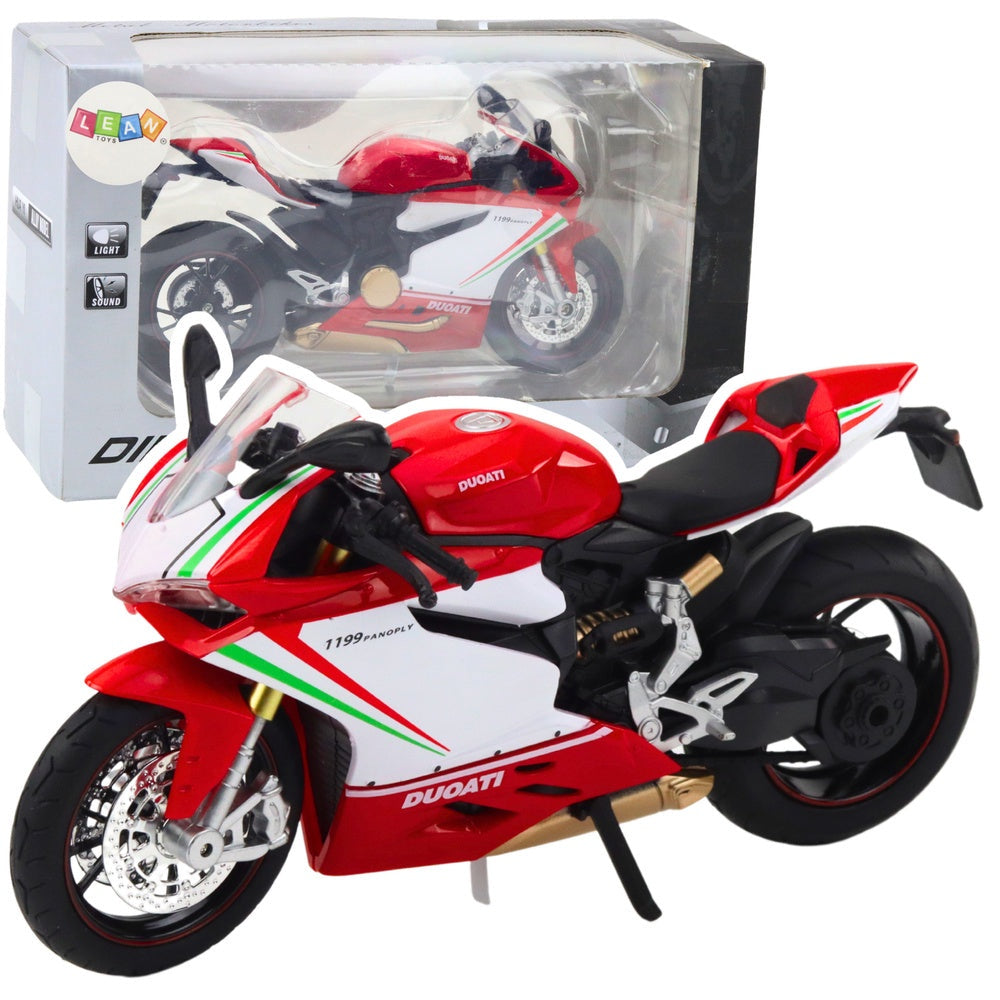 Metallmotorcykelmodell 17 cm sportmotorcykel röd/vit med ljus & ljud