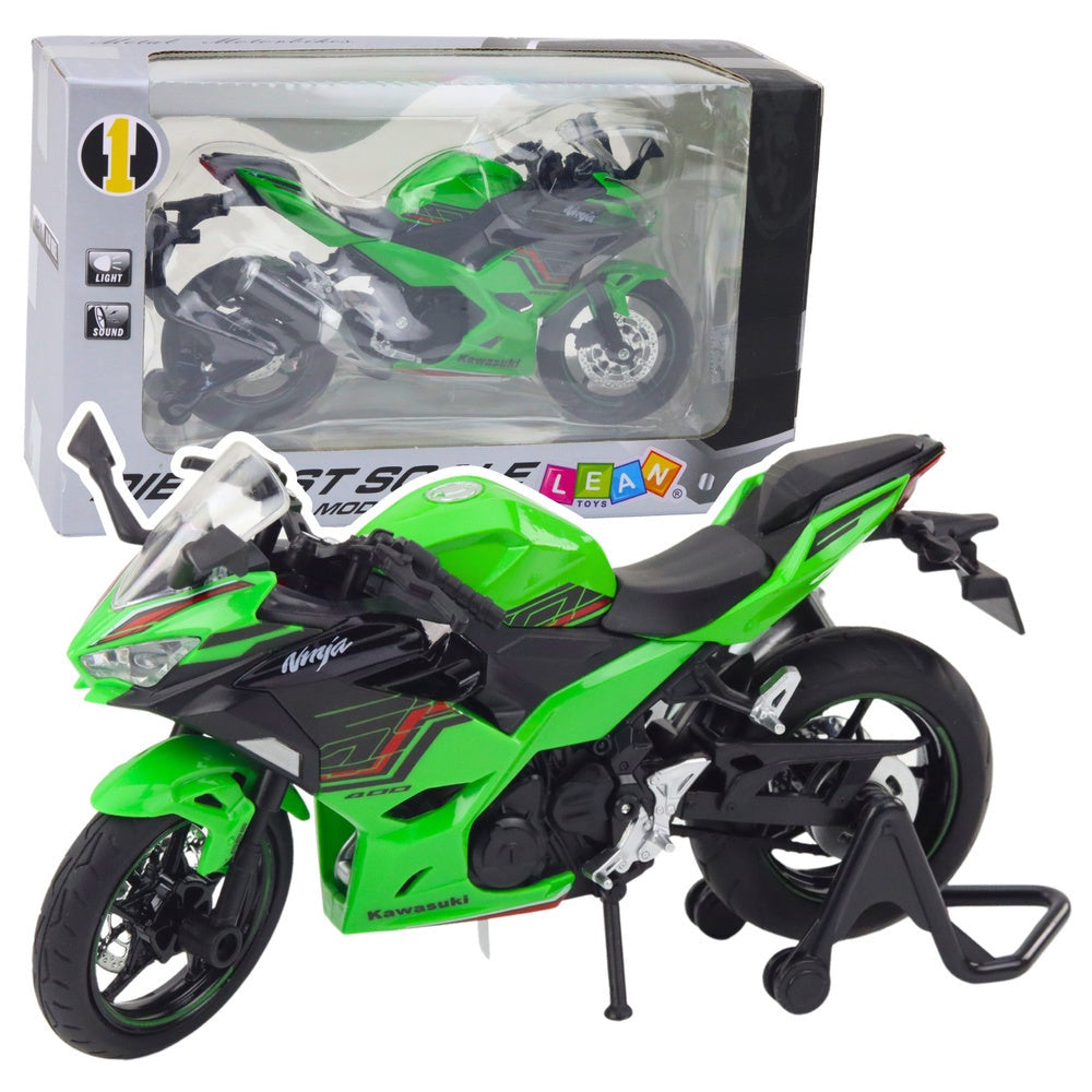 Metallmotorcykelmodell sporthoj 17 cm grön med ljus/ljud, 3x AG13