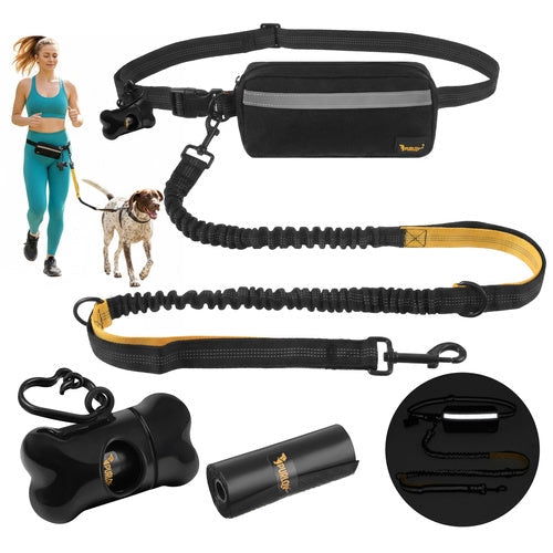 Midjebälte med koppel handsfree för hund upp till 50 kg, svart/gul