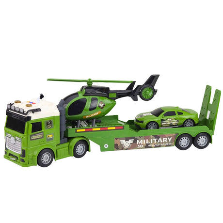 Militärfordon leksaksset lastbil med släp, helikopter & bil ljus/ljud