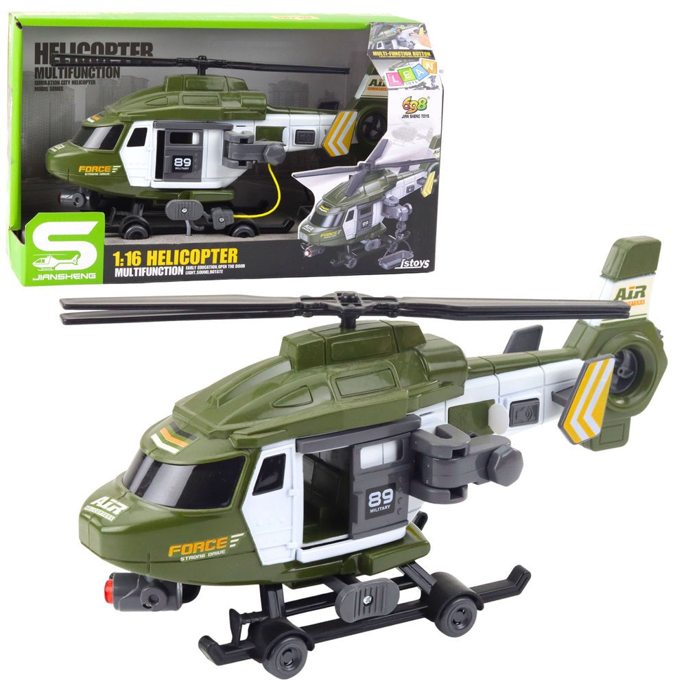 Militärhelikopter leksak 1:16 med ljus/ljud, krok och bår 28 cm