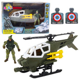 Militärleksak helikopter med soldatfigur, rörliga rotorblad och vapen
