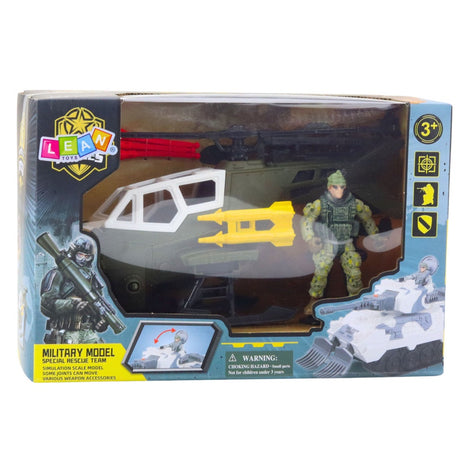 Militärleksak helikopter med soldatfigur, rörliga rotorblad och vapen