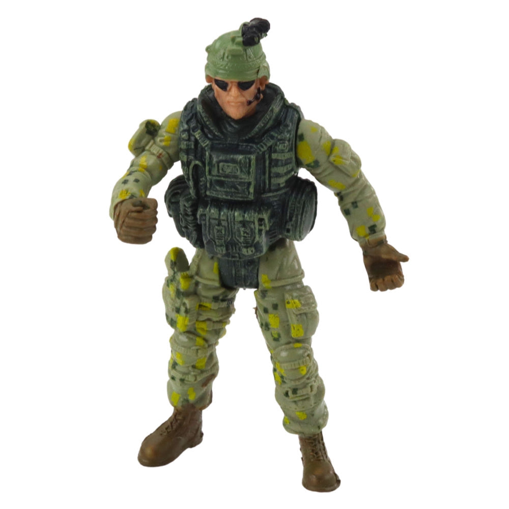 Militärleksak helikopter med soldatfigur, rörliga rotorblad och vapen