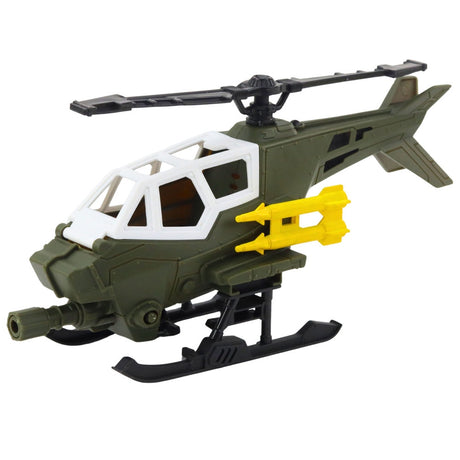 Militärleksak helikopter med soldatfigur, rörliga rotorblad och vapen