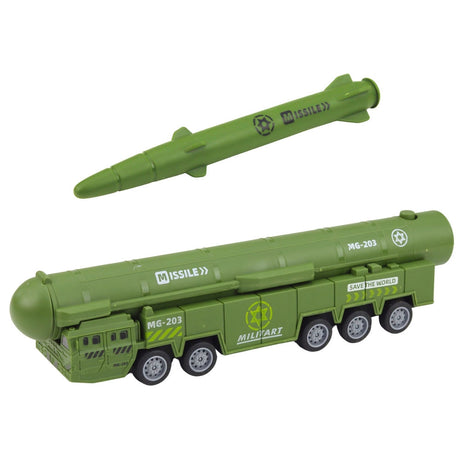 Militärleksaksset raketlastbil med avfyrningsknapp + stridsflygplan dragback
