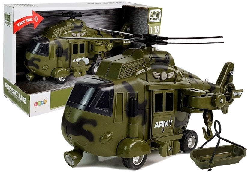 Militär räddningshelikopter leksak 1:16 med ljus/ljud och lastkrok