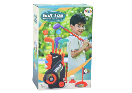 Mini golfset för barn 3+ med vagn på hjul, 3 klubbor, 5 bollar