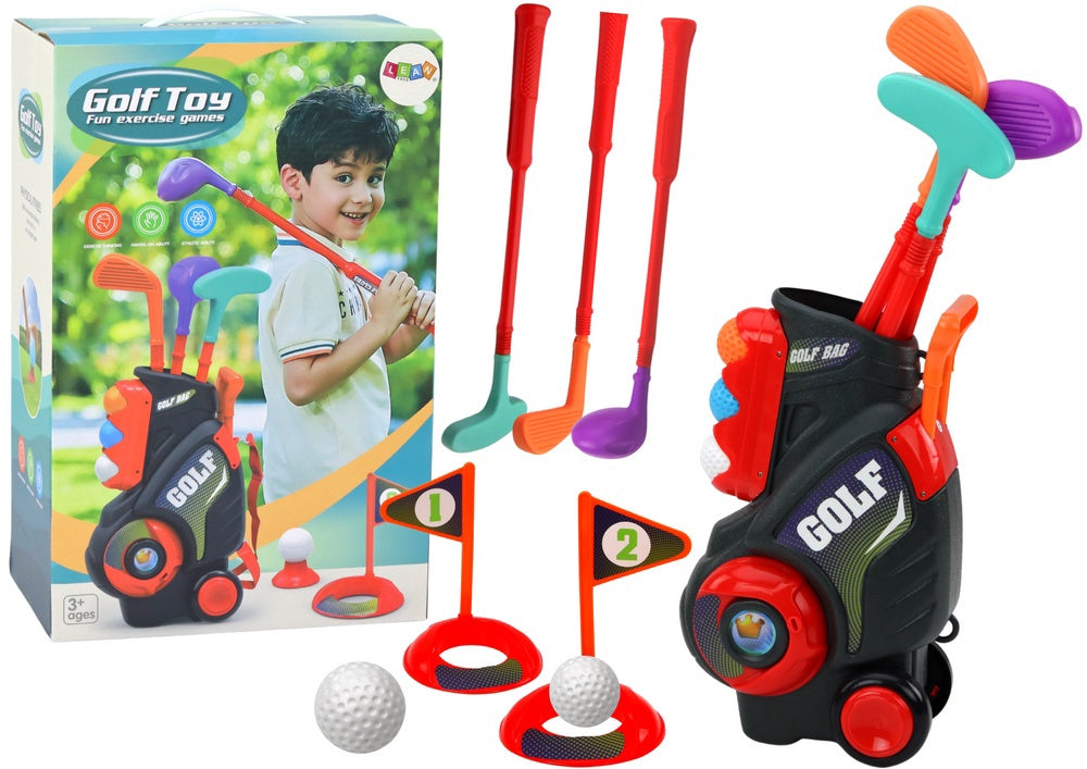 Mini golfset för barn 3+ med vagn på hjul, 3 klubbor, 5 bollar