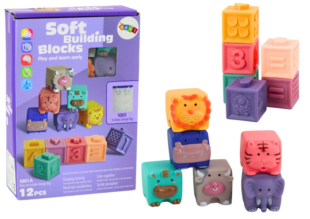 Mjuka byggklossar i gummi 12-pack med djur, bokstäver & siffror 6m+