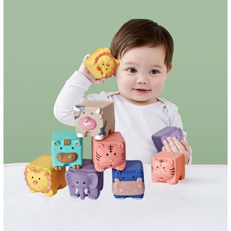 Mjuka byggklossar i gummi 12-pack med djur, bokstäver & siffror 6m+