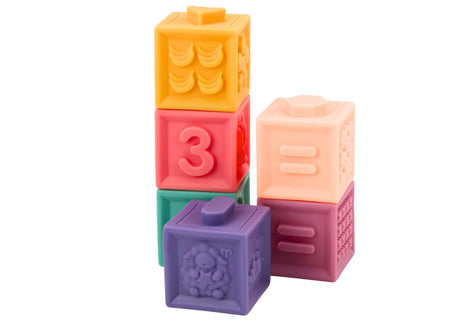 Mjuka byggklossar i gummi 12-pack med djur, bokstäver & siffror 6m+