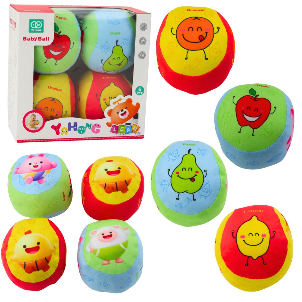 Mjuka leksaksbollar för barn 10 cm frukt- och figurmotiv 4-pack