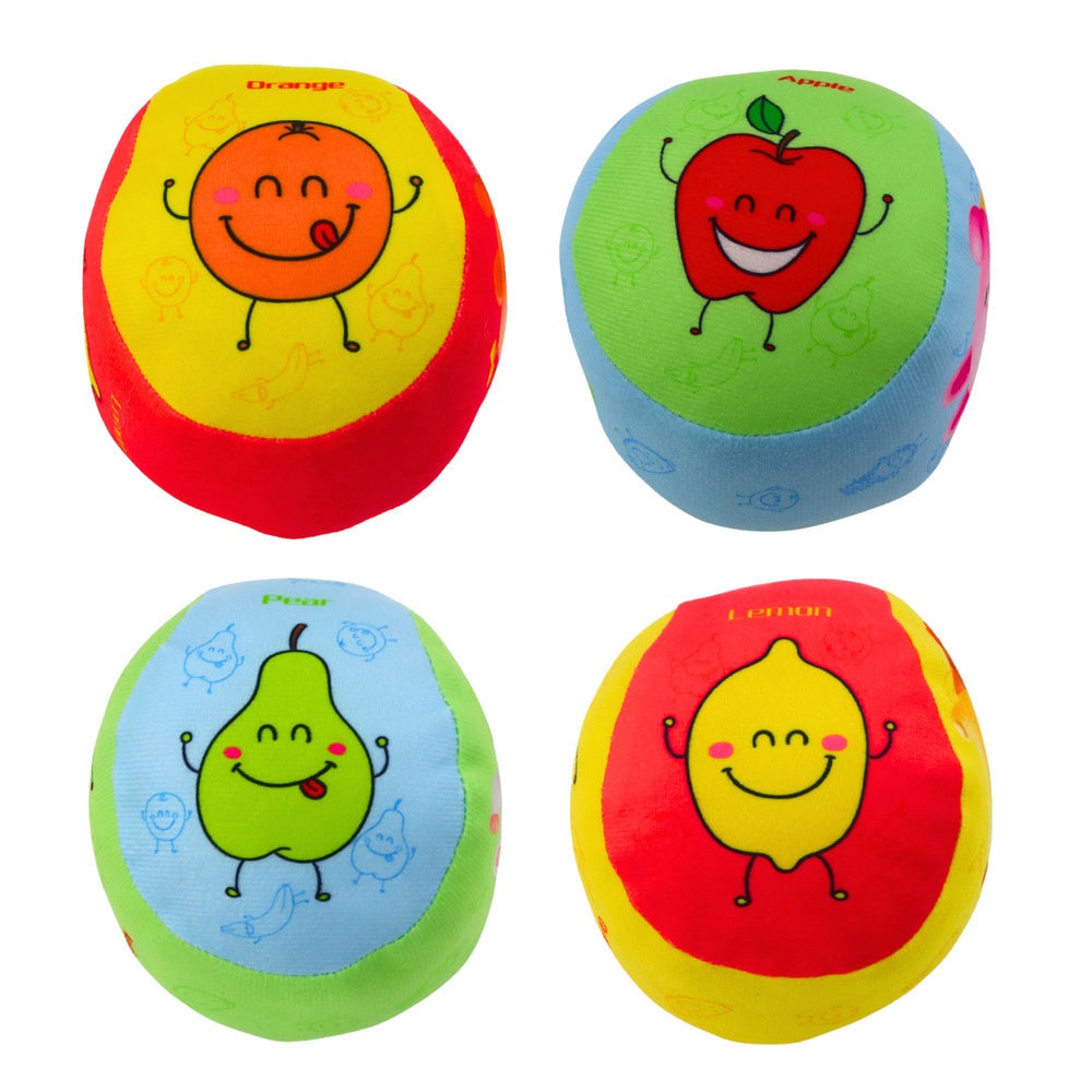 Mjuka leksaksbollar för barn 10 cm frukt- och figurmotiv 4-pack