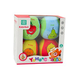 Mjuka leksaksbollar för barn 10 cm frukt- och figurmotiv 4-pack
