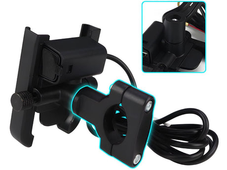 Mobilhållare för motorcykel styre med USB-laddning metall svart