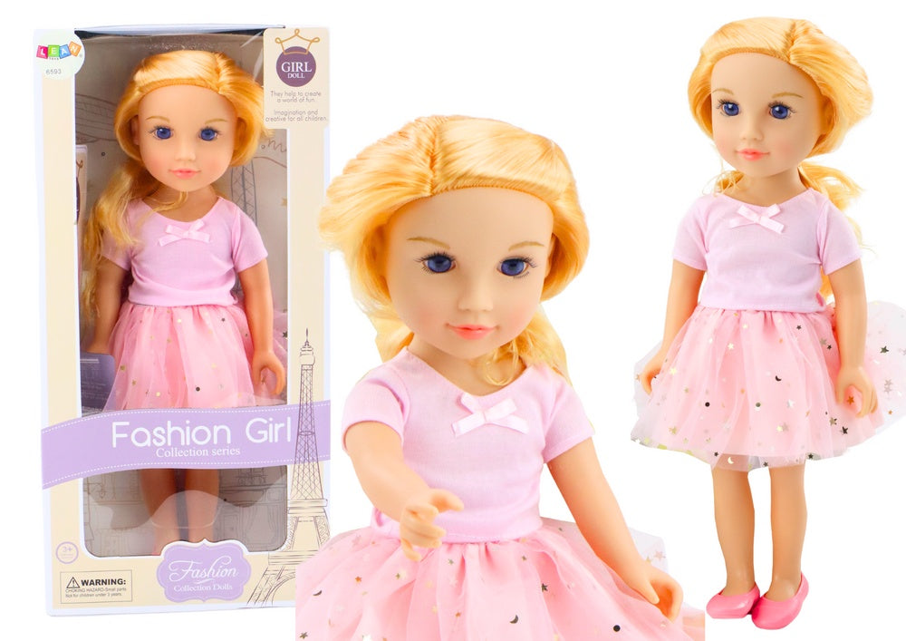 Mode- och frisördocka 44 cm med långt blont hår, rosa tyllklänning
