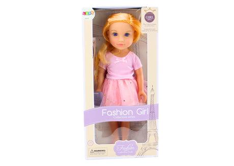 Mode- och frisördocka 44 cm med långt blont hår, rosa tyllklänning