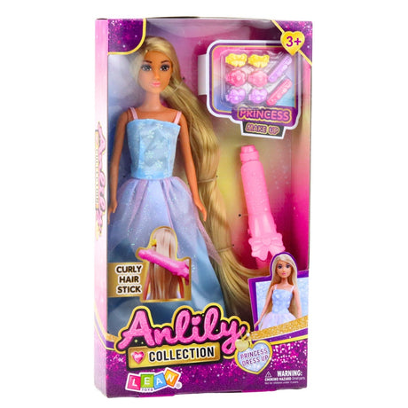Mode-/prinsessdocka 30 cm med stylingtillbehör, locktång + 8 hårspännen