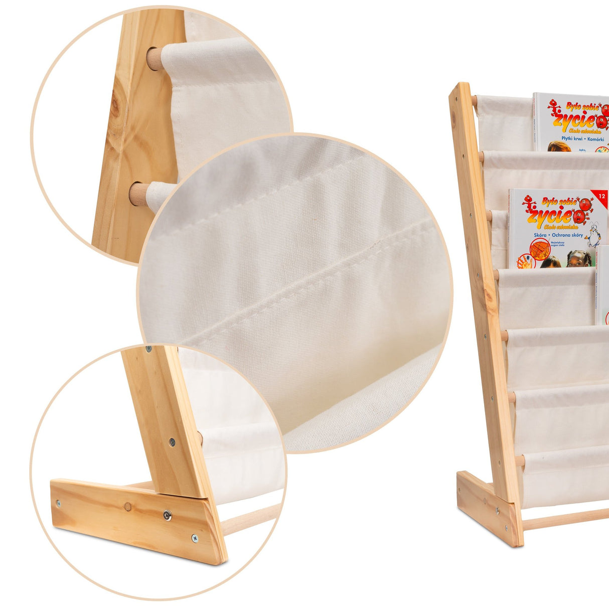 Montessori barnbokhylla med 6 fickor, trä/bomull, 63x76,5x30 cm
