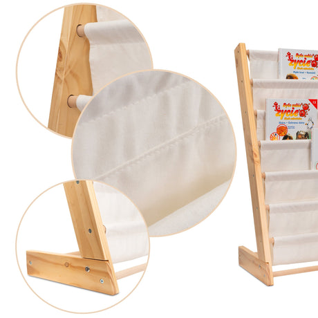 Montessori barnbokhylla med 6 fickor, trä/bomull, 63x76,5x30 cm