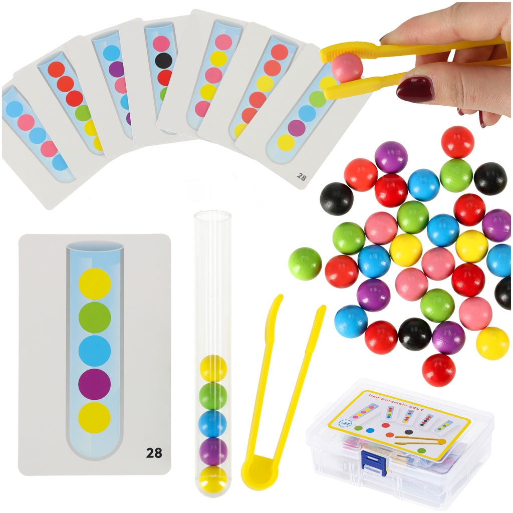 Montessori sorteringsset med bollar 40 st, tång, bricka & 24 kort
