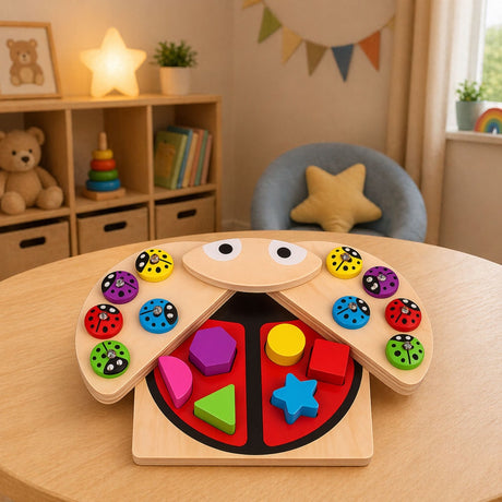 Montessori träpussel nyckelpiga med magnetfiske och formsorterare 17 delar