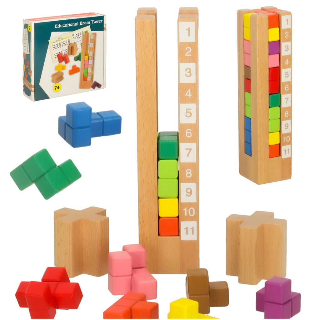 Montessori träpussel torn med klossar 13 delar, 3 svårighetsgrader