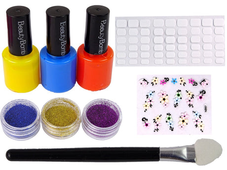 Nagelkit för barn 3+ med 3 nagellack, glitter, klistermärken, tips