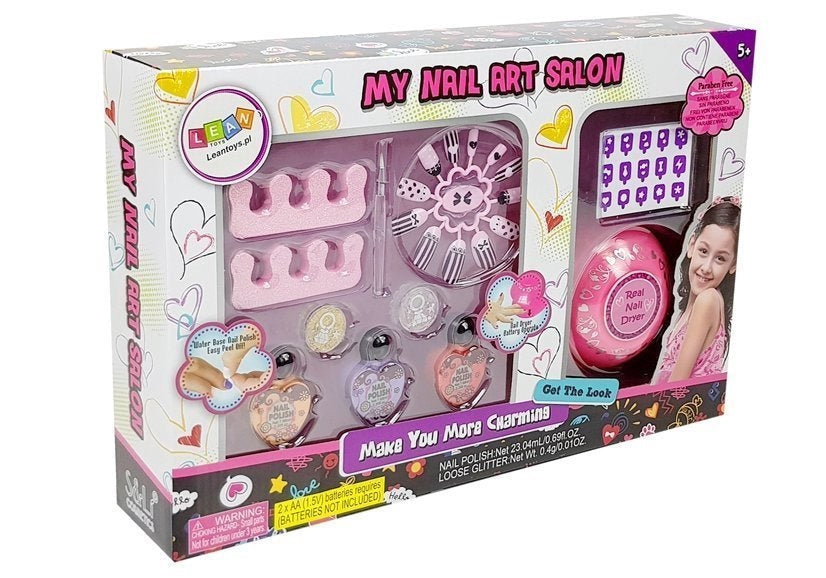 Nagellackset för barn med nageltorkare, 3 färger, glitter & stickers