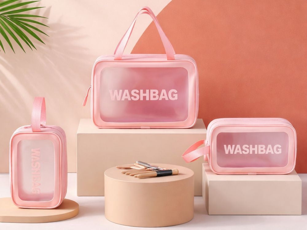 Necessärset 3 delar med transparent front rosa 30x20x8 cm