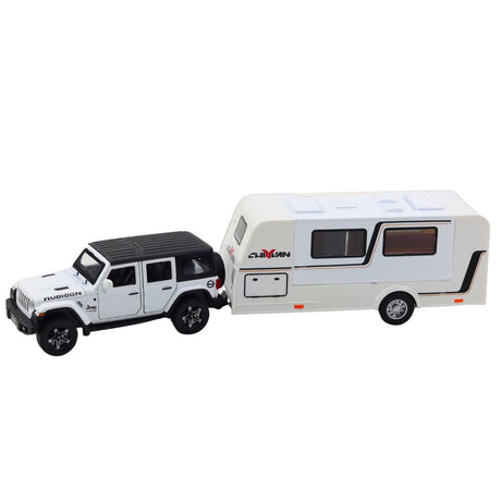 Off-road bil med campingvagn 1:32 metallmodell vit med ljus/ljud