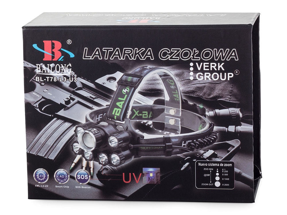 Pannlampa CREE XM-L T6 LED med UV och zoom, 2 batterier USB