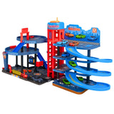 Parkeringshus leksak 4 plan med hiss & spiralramper, 8 metallbilar