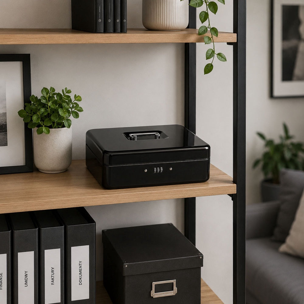 Pengarbox metall med kombinationslås och hylla 24x9x30 cm svart