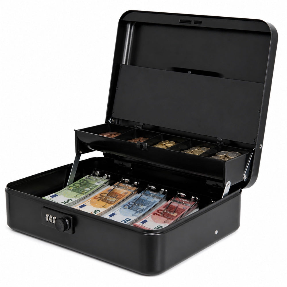 Pengarbox metall med kombinationslås och hylla 24x9x30 cm svart