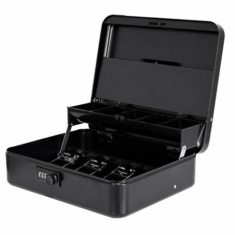 Pengarbox metall med kombinationslås och hylla 24x9x30 cm svart