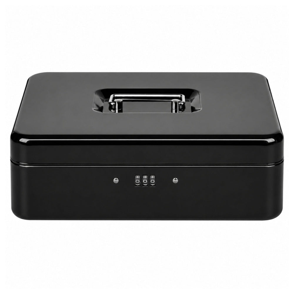 Pengarbox metall med kombinationslås och hylla 24x9x30 cm svart