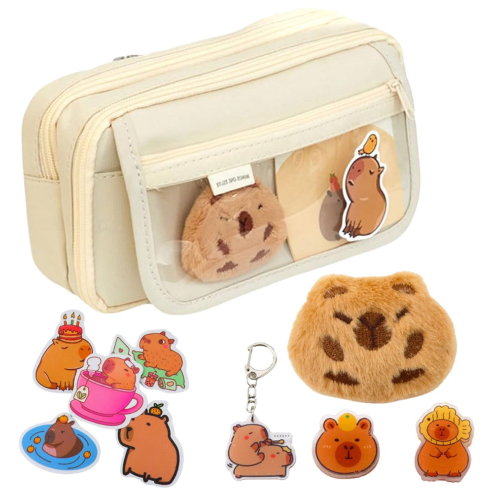 Pennfodral 2 fack beige med kapybara-set, transparent ficka 21x12x8