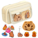 Pennfodral 2 fack beige med kapybara-set, transparent ficka 21x12x8