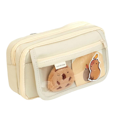 Pennfodral 2 fack beige med kapybara-set, transparent ficka 21x12x8