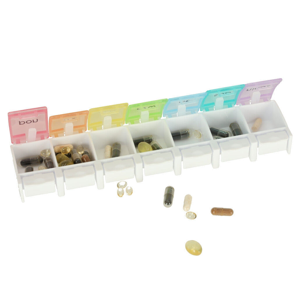 Pillbox veckodosett 7 fack färgkodad med veckodagar