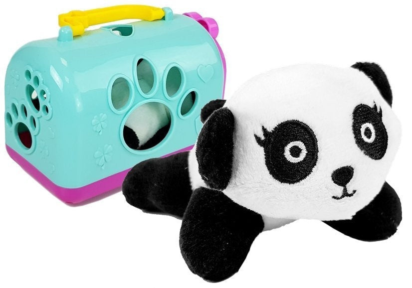 Plysch panda med transportör 13,5 cm – välj färg (vit/blå, rosa/lila)