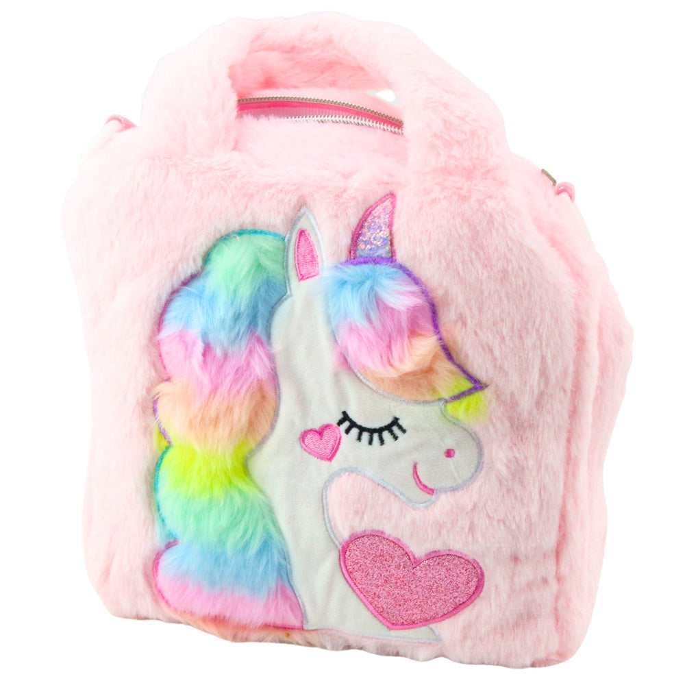 Plysch unicornväska barn med dragkedja och justerbar axelrem 24x9 cm