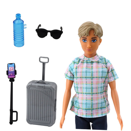 Pojkdocka 30 cm med resväska på hjul och reseaccessoarer 5 delar