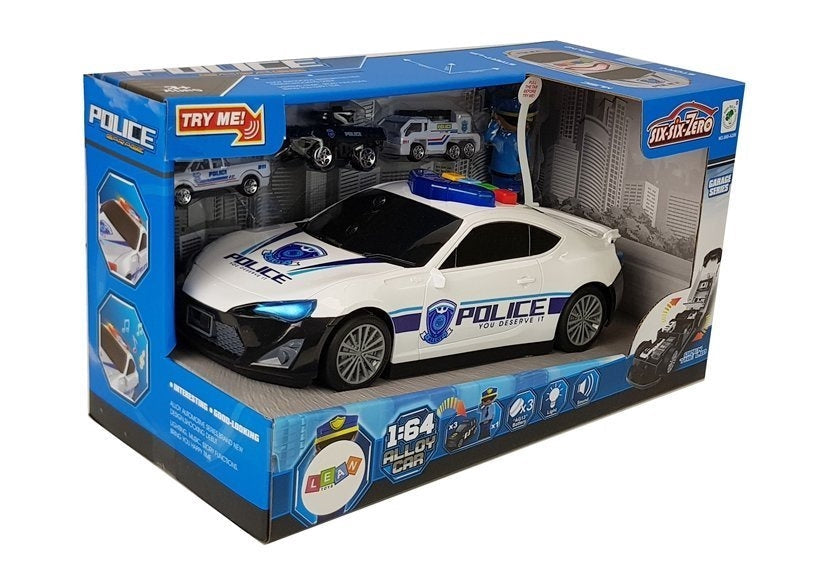 Polisbil 2i1 med garage, ljus/ljud, 3 polisbilar 1:64 + figur