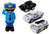 Polisbil 2i1 med garage, ljus/ljud, 3 polisbilar 1:64 + figur