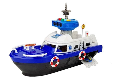 Polistransportbåt leksak 41 cm med polisbil, scooter, skyltar & ljus/ljud