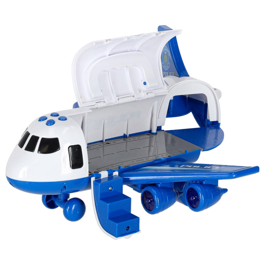 Polis transportflygplan leksak med 3 polisfordon, ljud/ljus, 7 skyltar