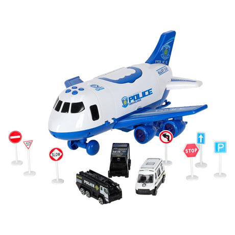 Polis transportflygplan leksak med 3 polisfordon, ljud/ljus, 7 skyltar